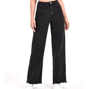 High Waist Raw Hem Straight Dark Black Jeans | Size S